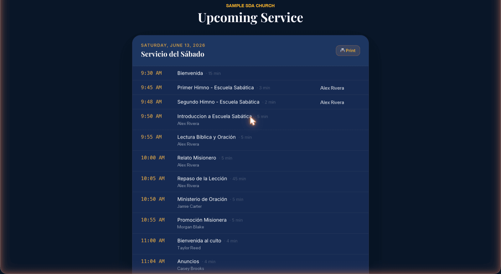Public upcoming-service page